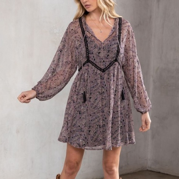 NWT Purple & Black Boho Paisley Print Long Sleeve Dress With Tassels - Picture 3 of 8